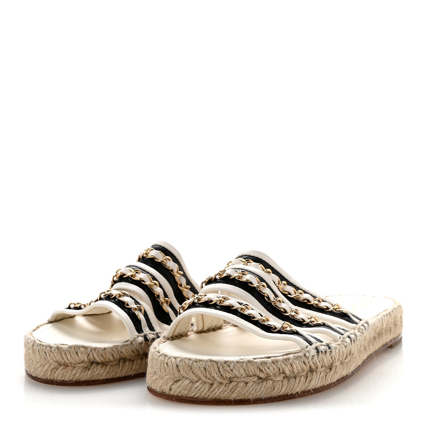Lambskin Chain Espadrille Slip On Sandals 39 Black White