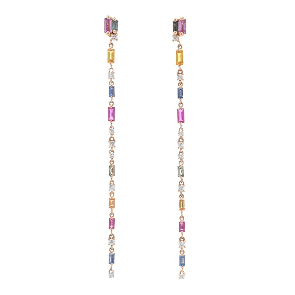 18K Rose Gold Diamond Sapphire Fireworks Rainbow Linear Drop Earrings