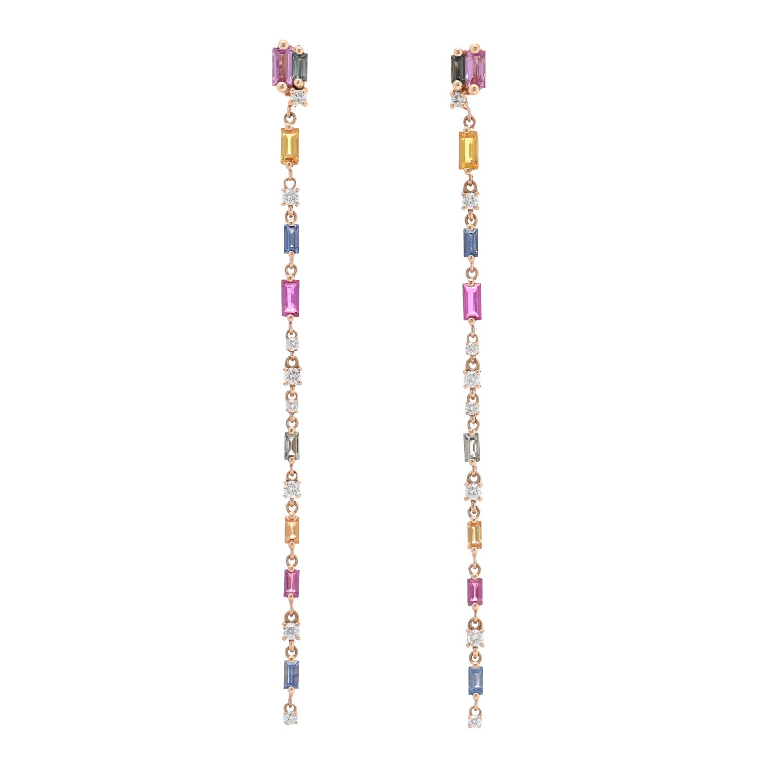 18K Rose Gold Diamond Sapphire Fireworks Rainbow Linear Drop Earrings