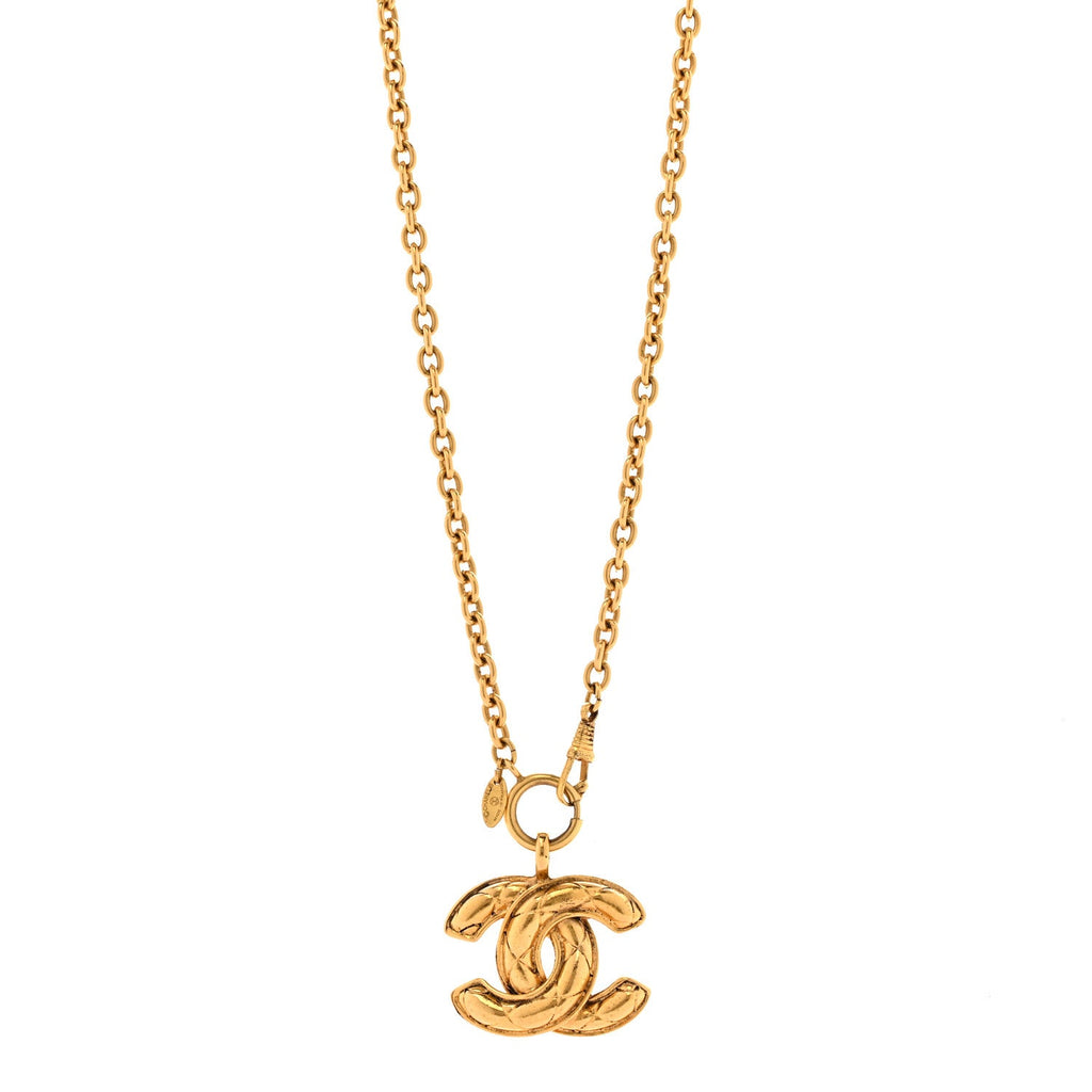 Metal Quilted CC Long Necklace Gold