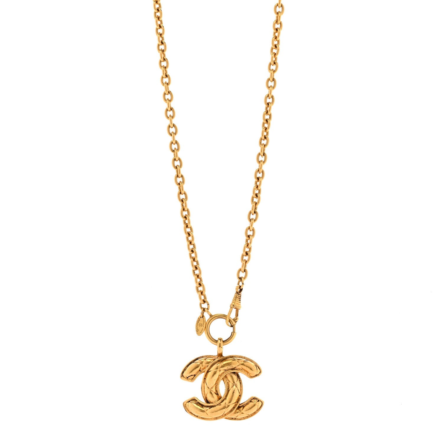 Metal Quilted CC Long Necklace Gold