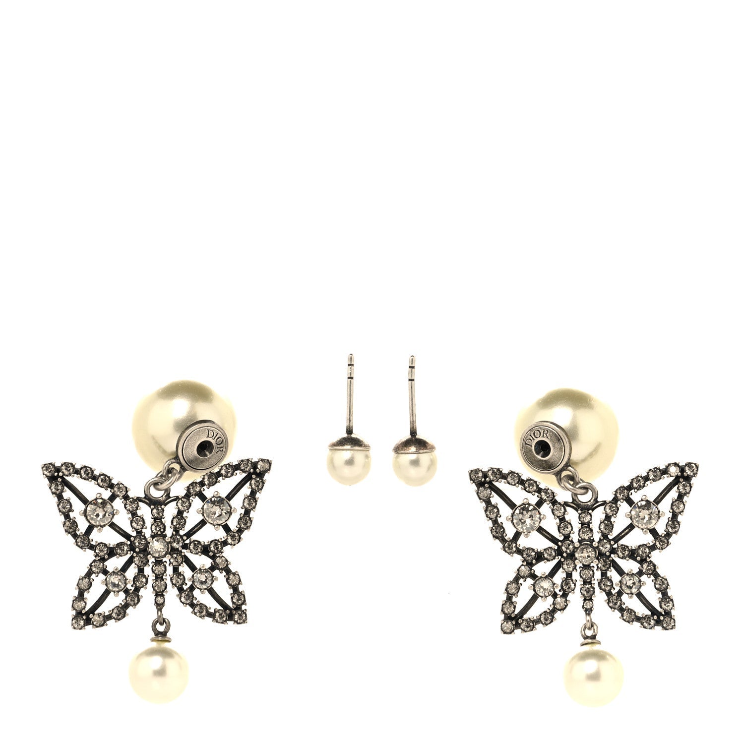 Crystal Pearl Butterfly Drop Earrings Silver