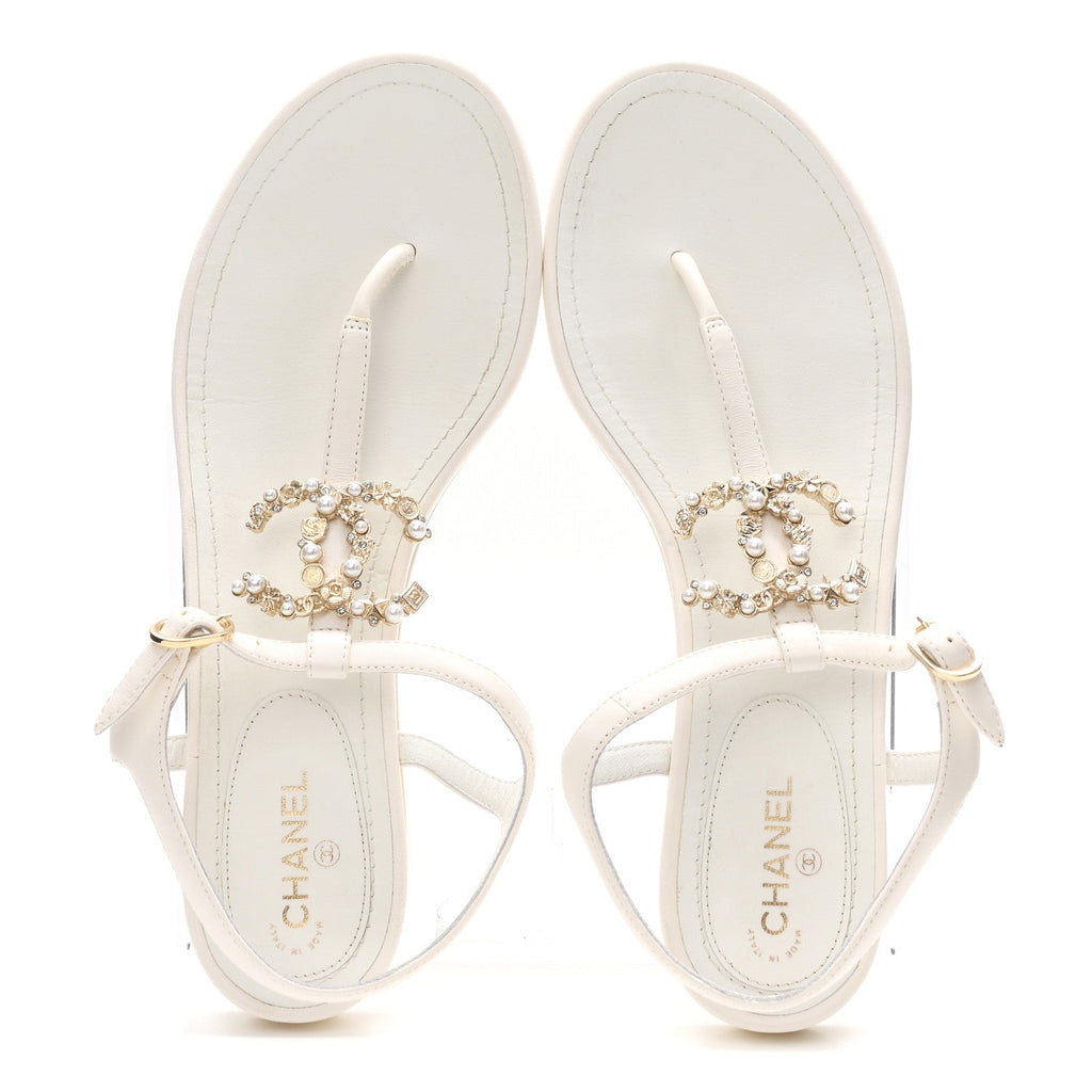 Lambskin Pearl Crystal CC Thong Sandals 39 White