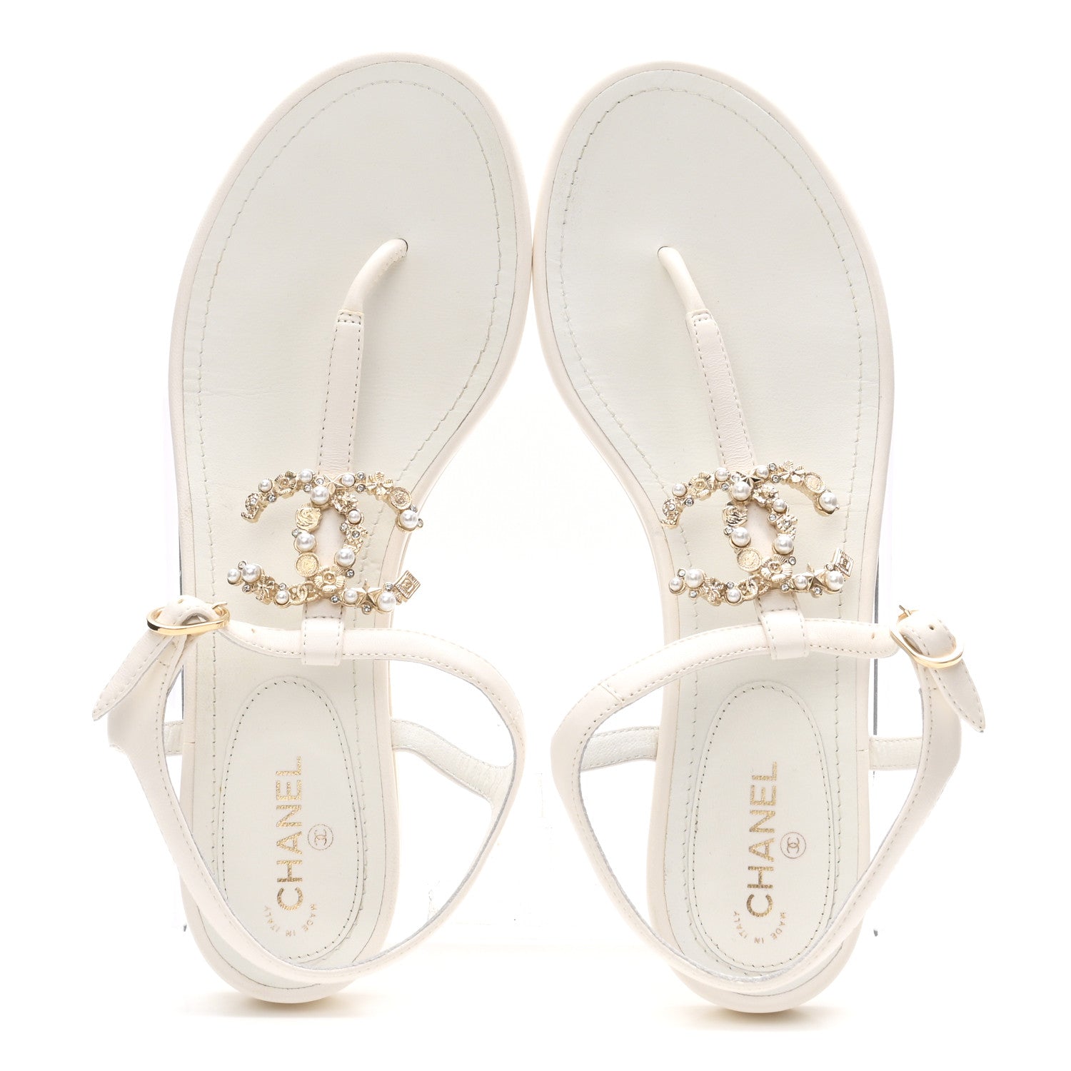 Lambskin Pearl Crystal CC Thong Sandals 39 White