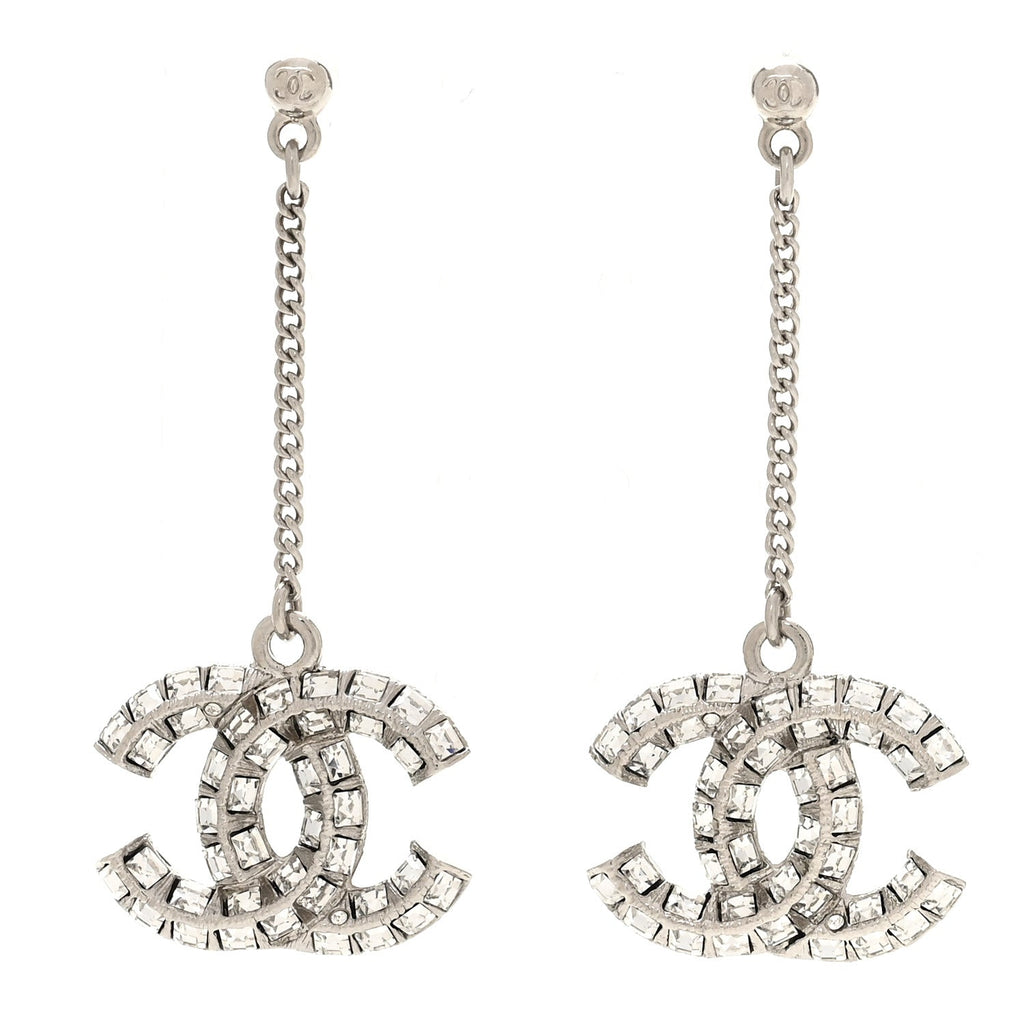Baguette Crystal CC Drop Earrings Silver