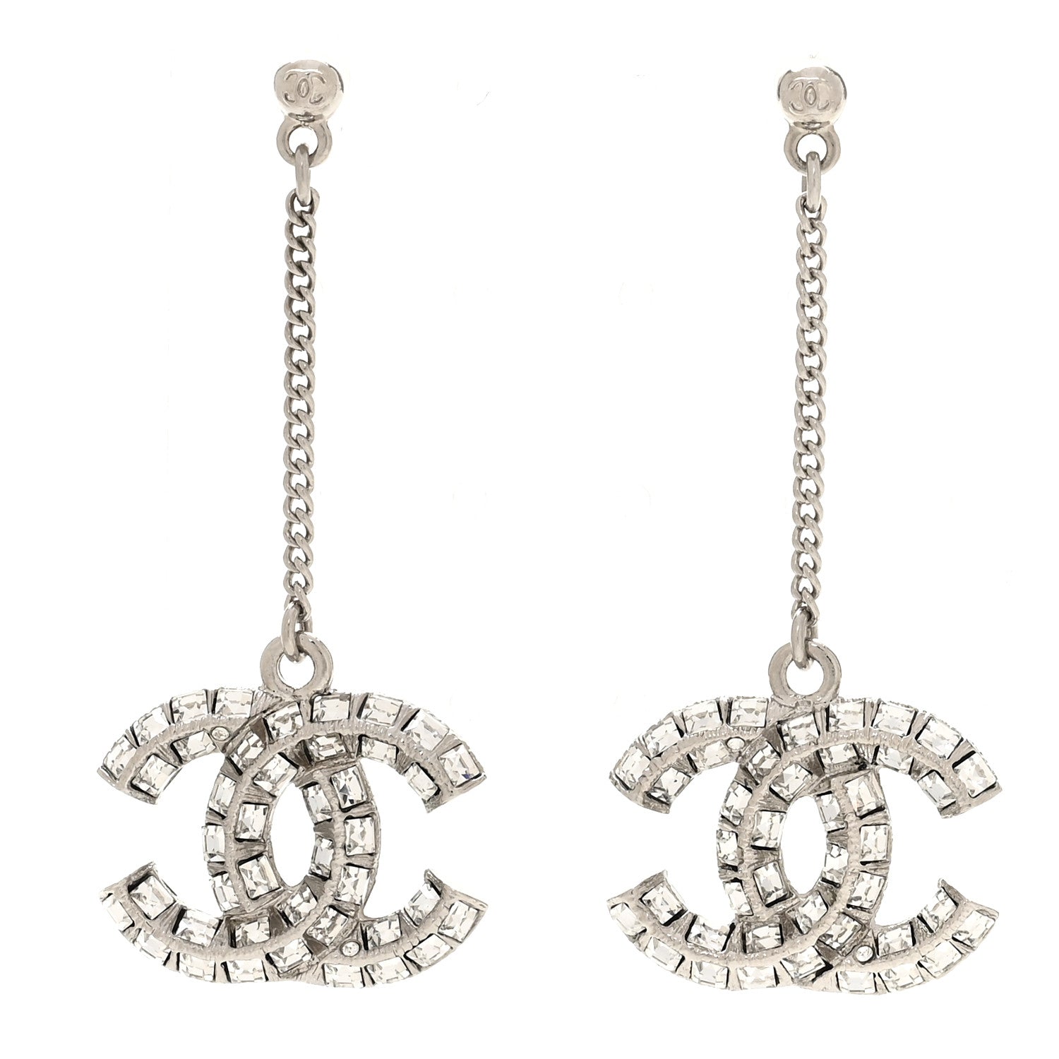 Baguette Crystal CC Drop Earrings Silver