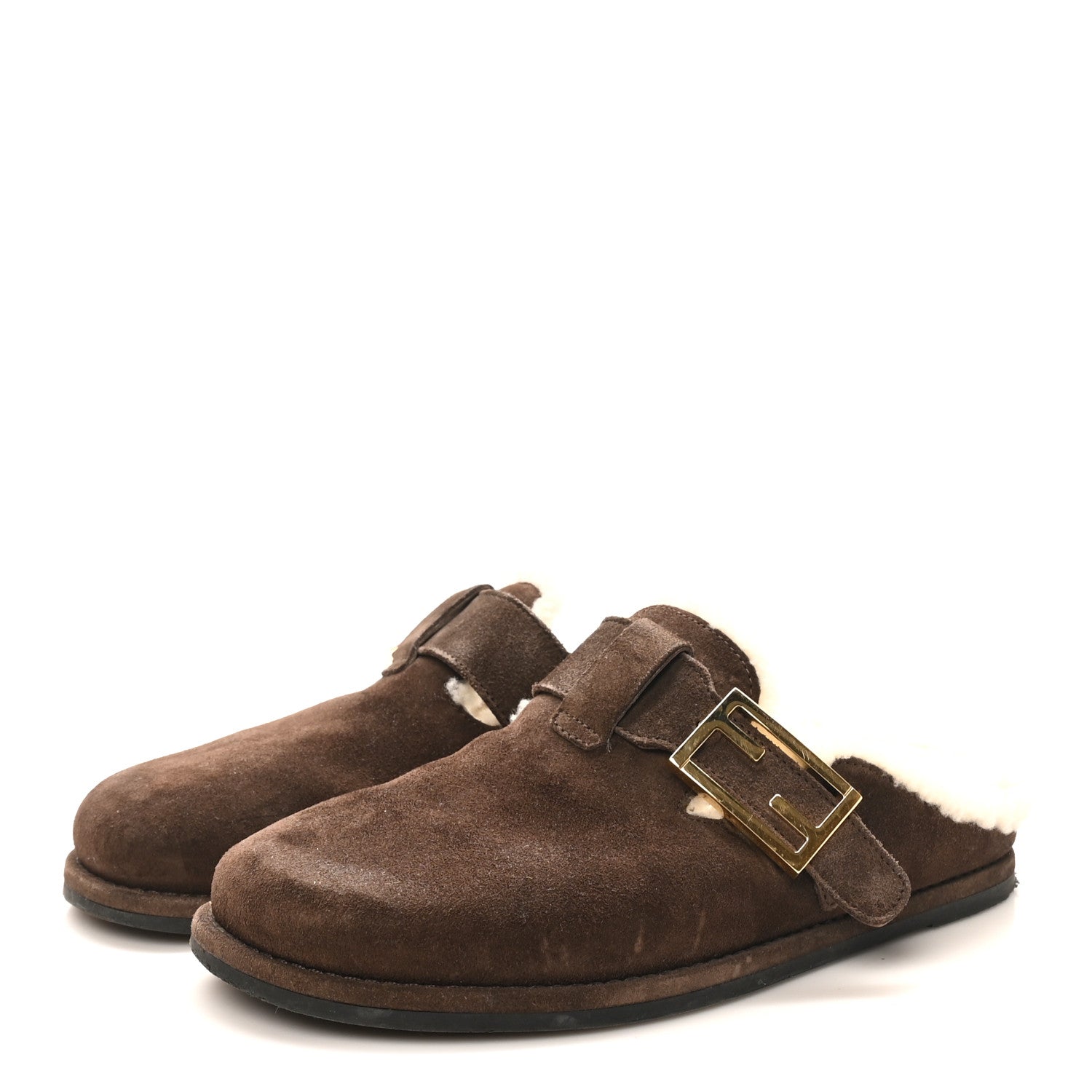 Suede Shearling Fendi Feel Buckled Clogs 36 Mogano Latte