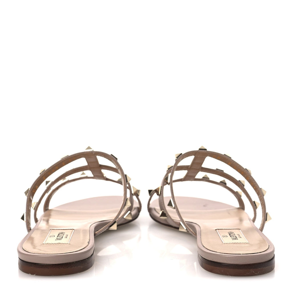 Calfskin Rockstud Caged Flat Slide Sandals 37.5 Poudre