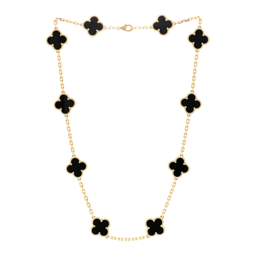 18K Yellow Gold Black Onyx 10 Motifs Vintage Alhambra Necklace