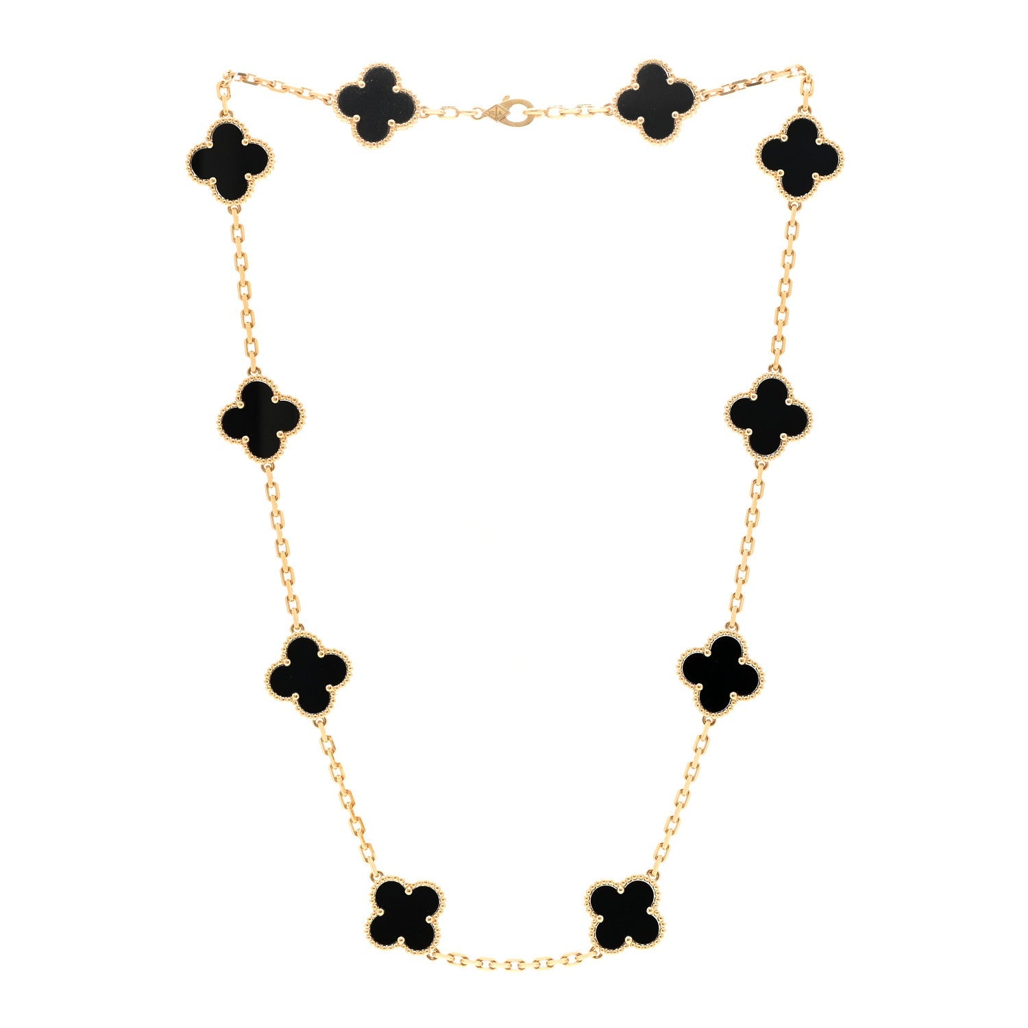 18K Yellow Gold Black Onyx 10 Motifs Vintage Alhambra Necklace