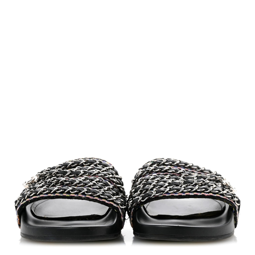 Satin Canvas Chain Slides Sandals Flats 37.5 Marine