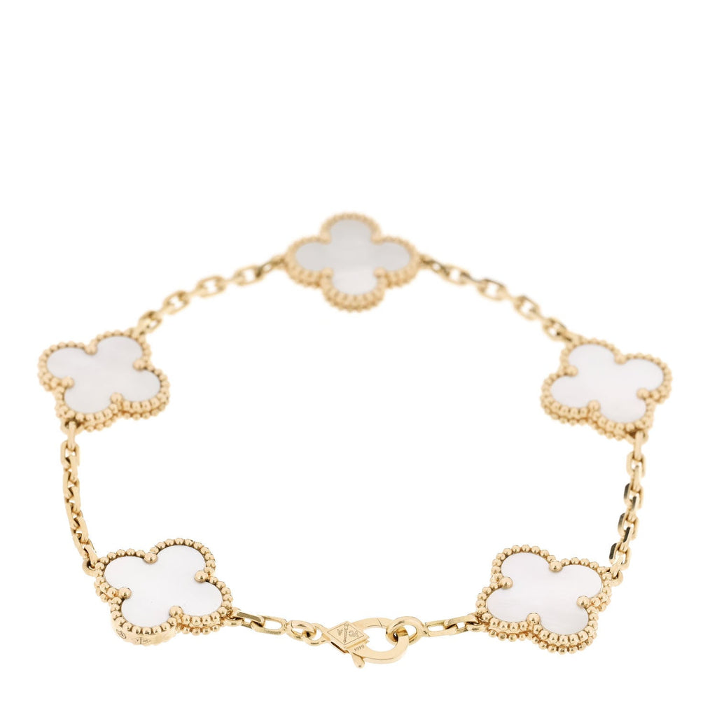 18K Yellow Gold Mother of Pearl 5 Motifs Vintage Alhambra Bracelet