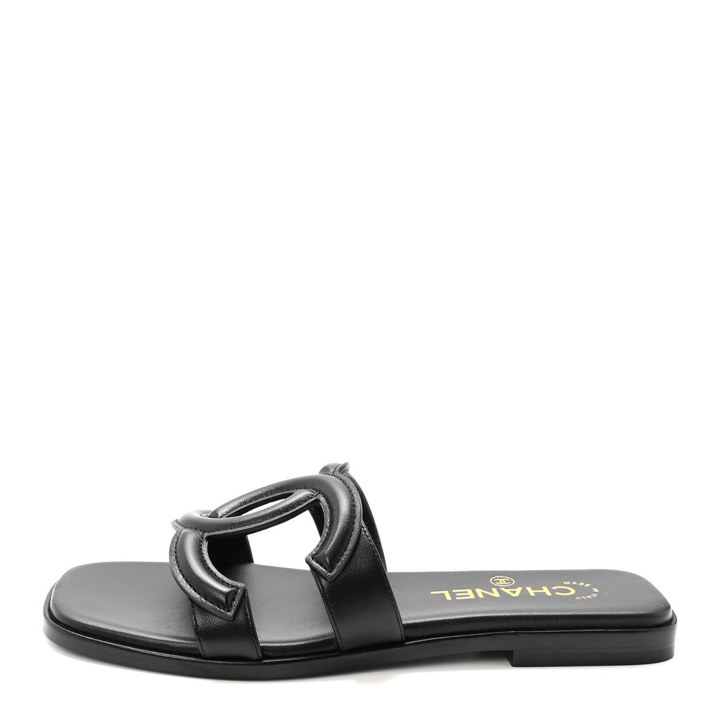 Lambskin CC Cut Out Mules Sandals 36 Black