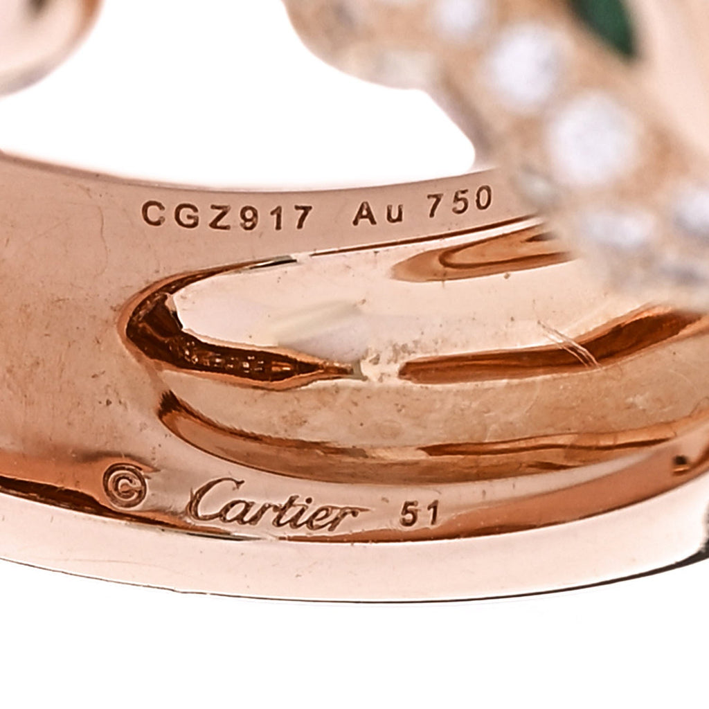 18K Pink Gold Diamond Emerald Onyx Panthere De Cartier Ring 51 5.75