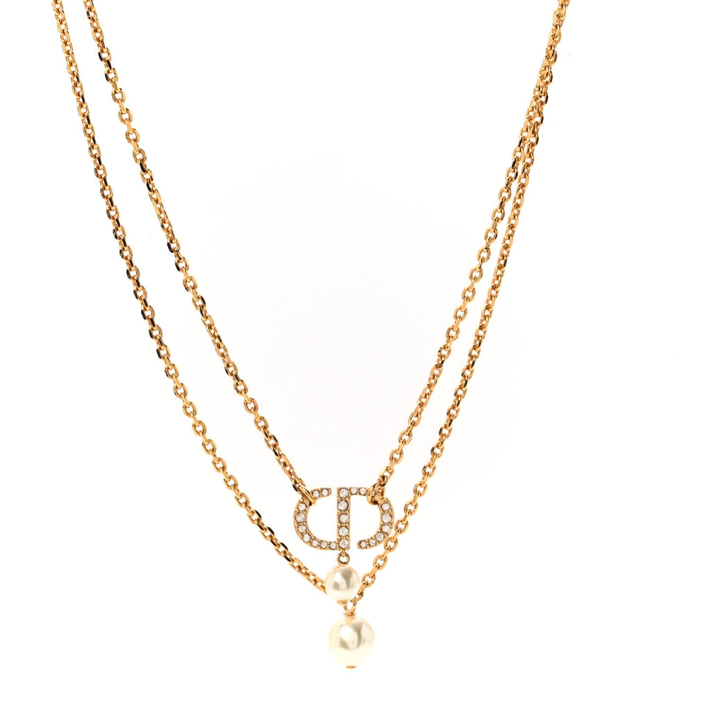 Crystal Pearl CD Drop Necklace Gold