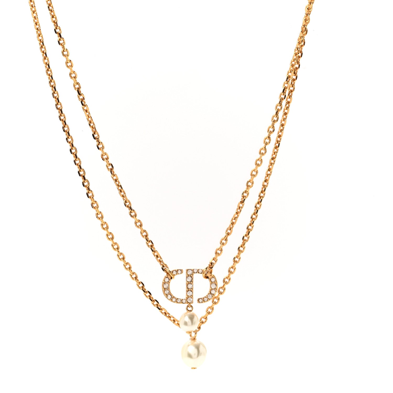 Crystal Pearl CD Drop Necklace Gold