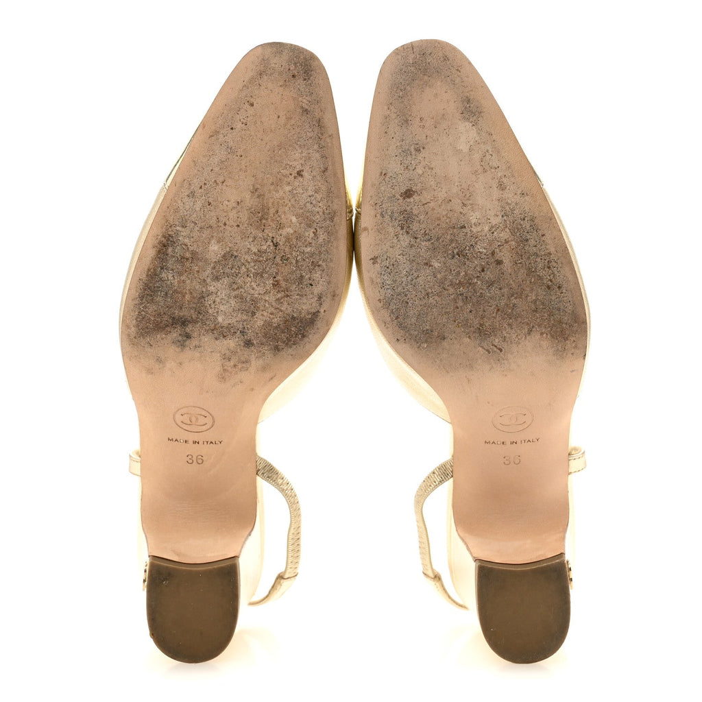 Metallic Calfskin Grosgrain Cap Toe CC Slingback Sandals 36 Gold