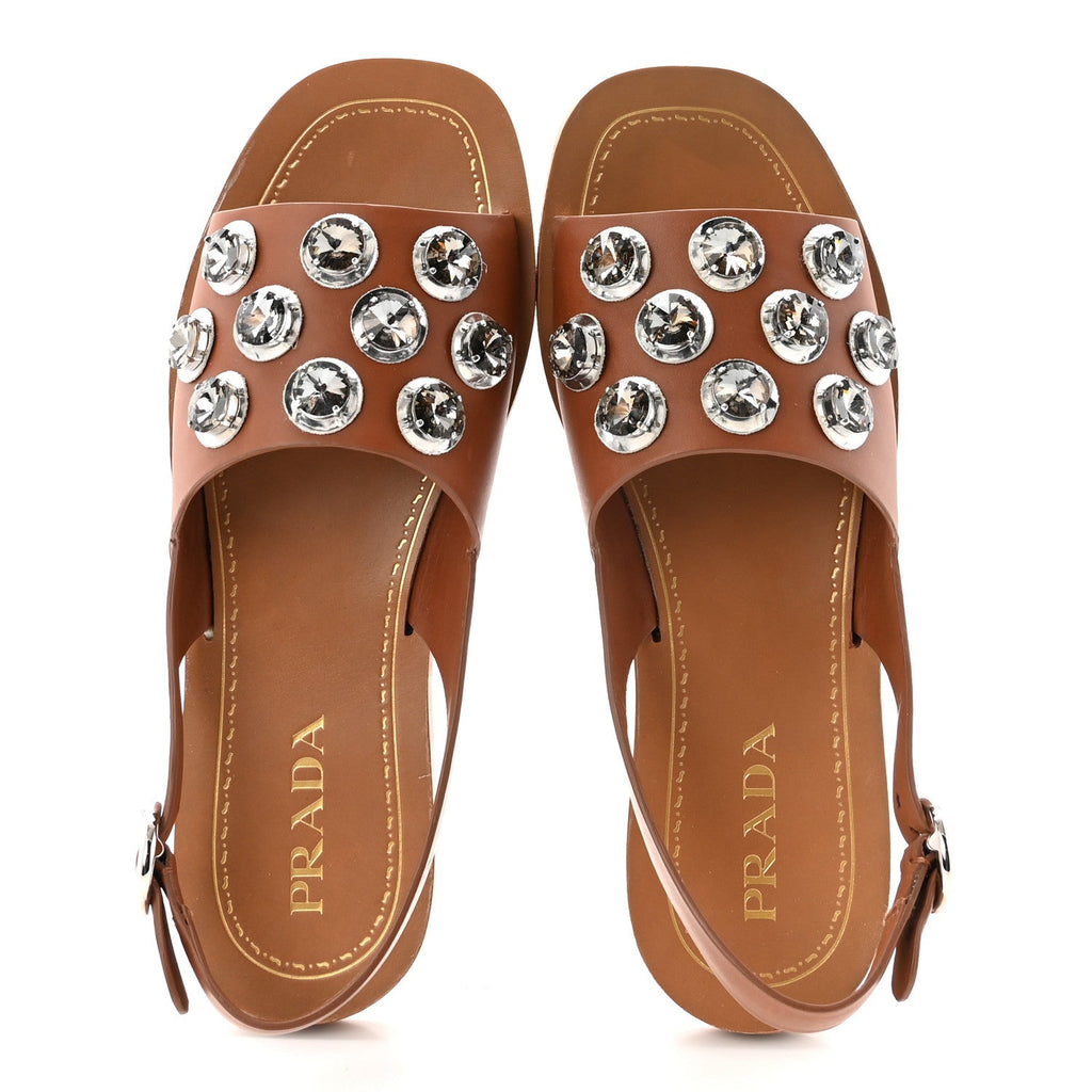 Natural Calfskin Crystal Slingback Sandals 37.5 Brandy