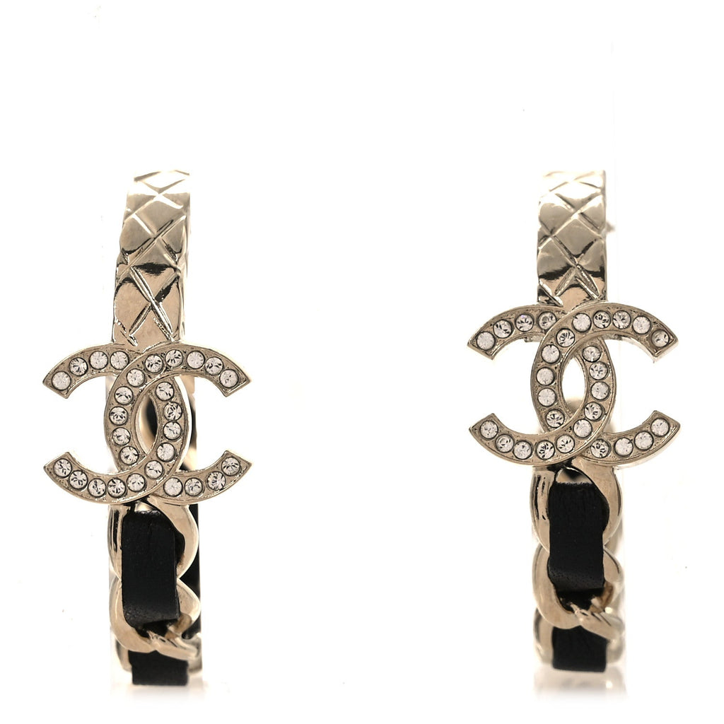 Metal Crystal Lambskin Quilted CC Chain Hoop Earrings Gold Black