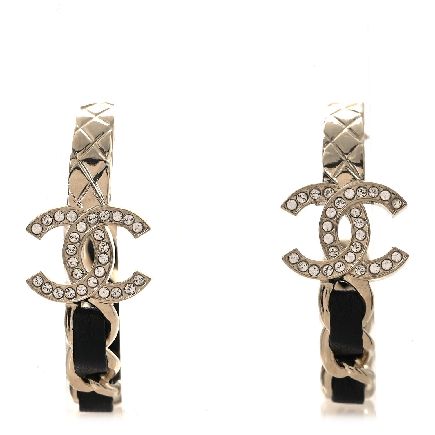 Metal Crystal Lambskin Quilted CC Chain Hoop Earrings Gold Black