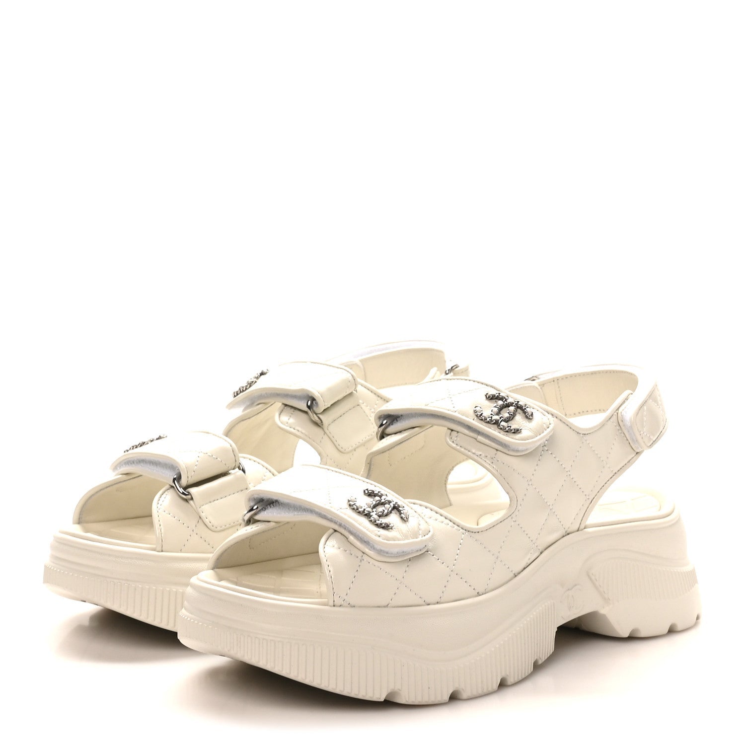 Shiny Calfskin Chain CC Velcro Dad Platform Sandals 39 White