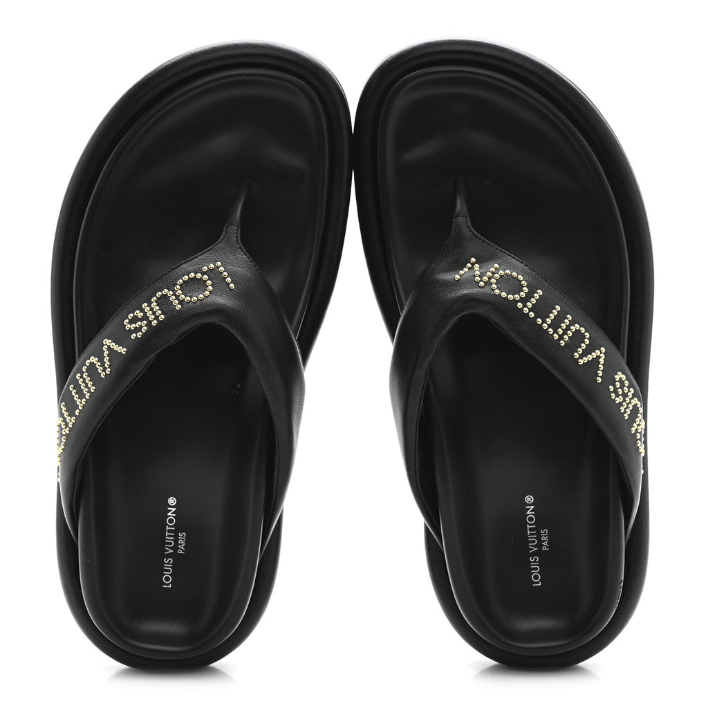 Calfskin Logo Studded Pillow Flat Thong Sandals 35 Black