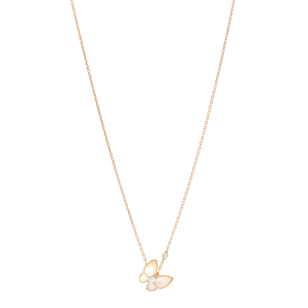 18K Rose Gold Diamond Mother of Pearl Two Butterfly Pendant Necklace