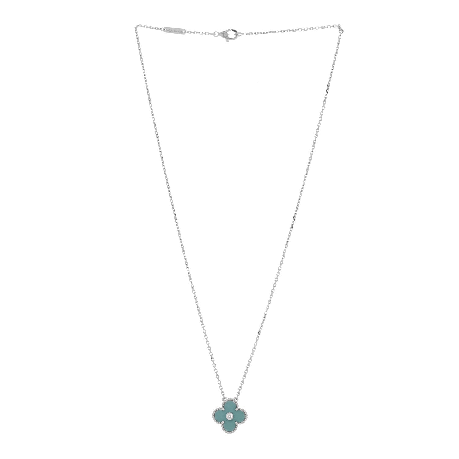 18K White Gold Diamond Celadon Green Sevres Porcelain Vintage Alhambra Pendant Necklace