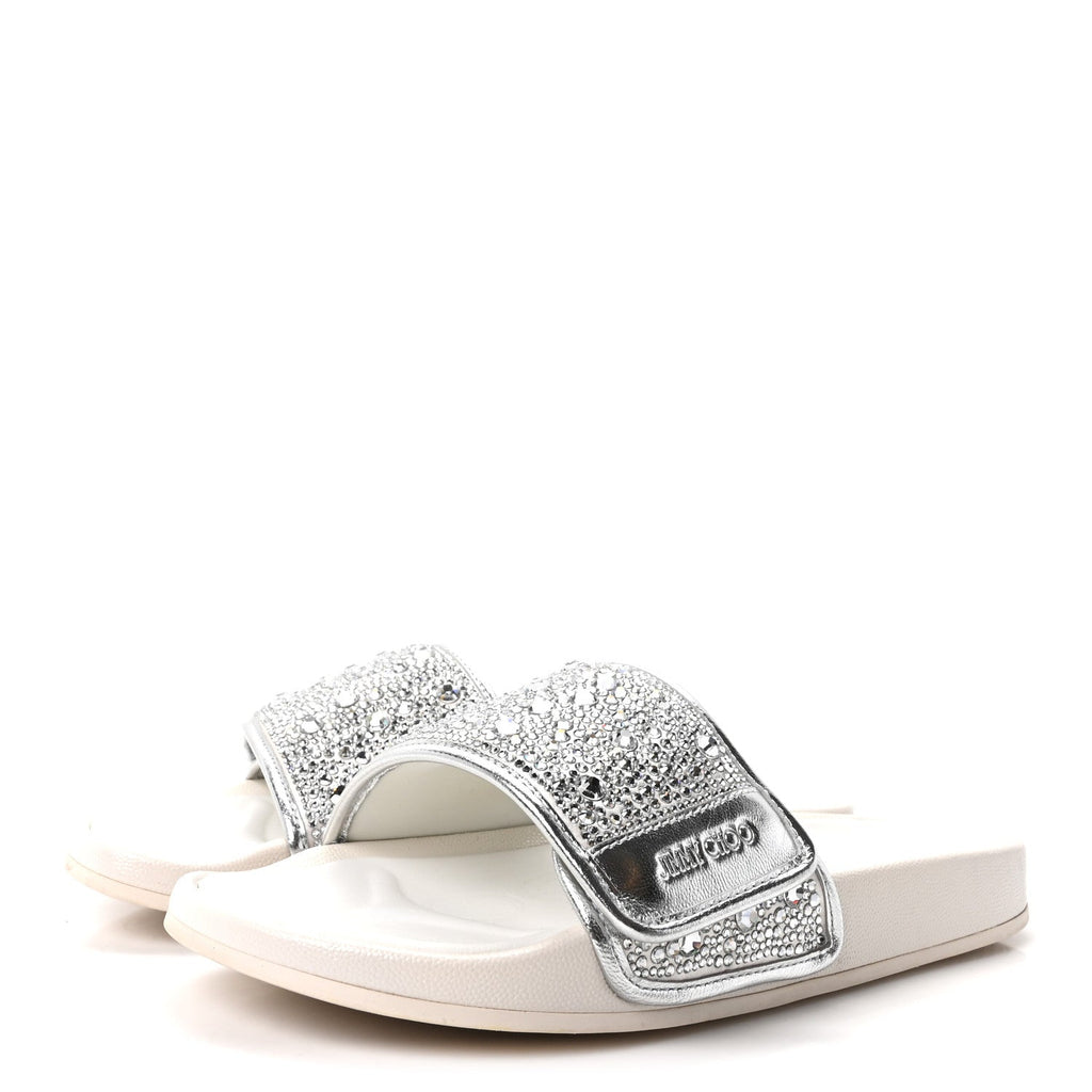 Satin Metallic Nappa Crystal Embellished Fitz Slide Sandals 39 Ivory