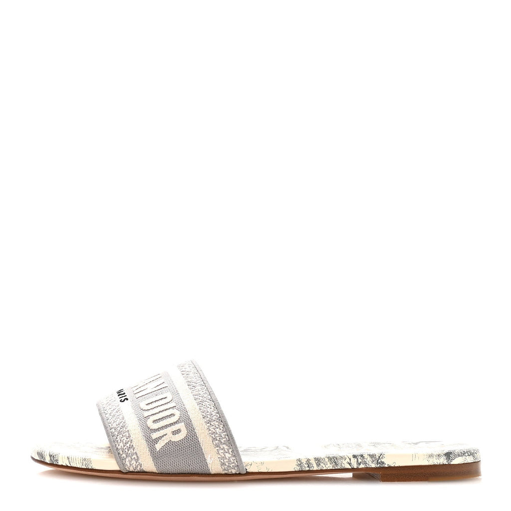 Canvas Toile De Jouy Embroidered Dway Flat Slide Sandals 39.5 Light Grey