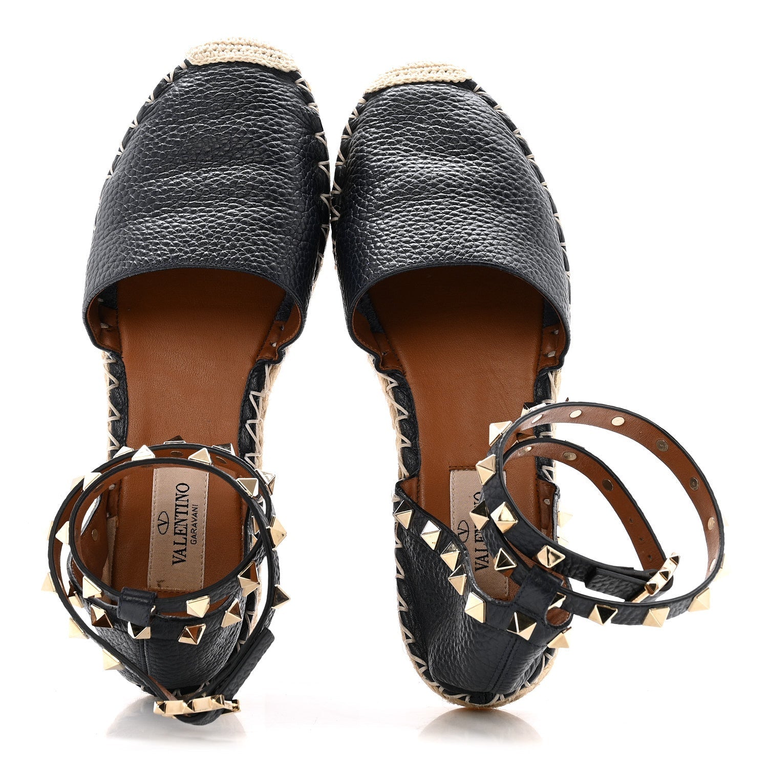 Grained Calfskin Rockstud Ankle Wrap Espadrille 20mm Flats 35 Navy