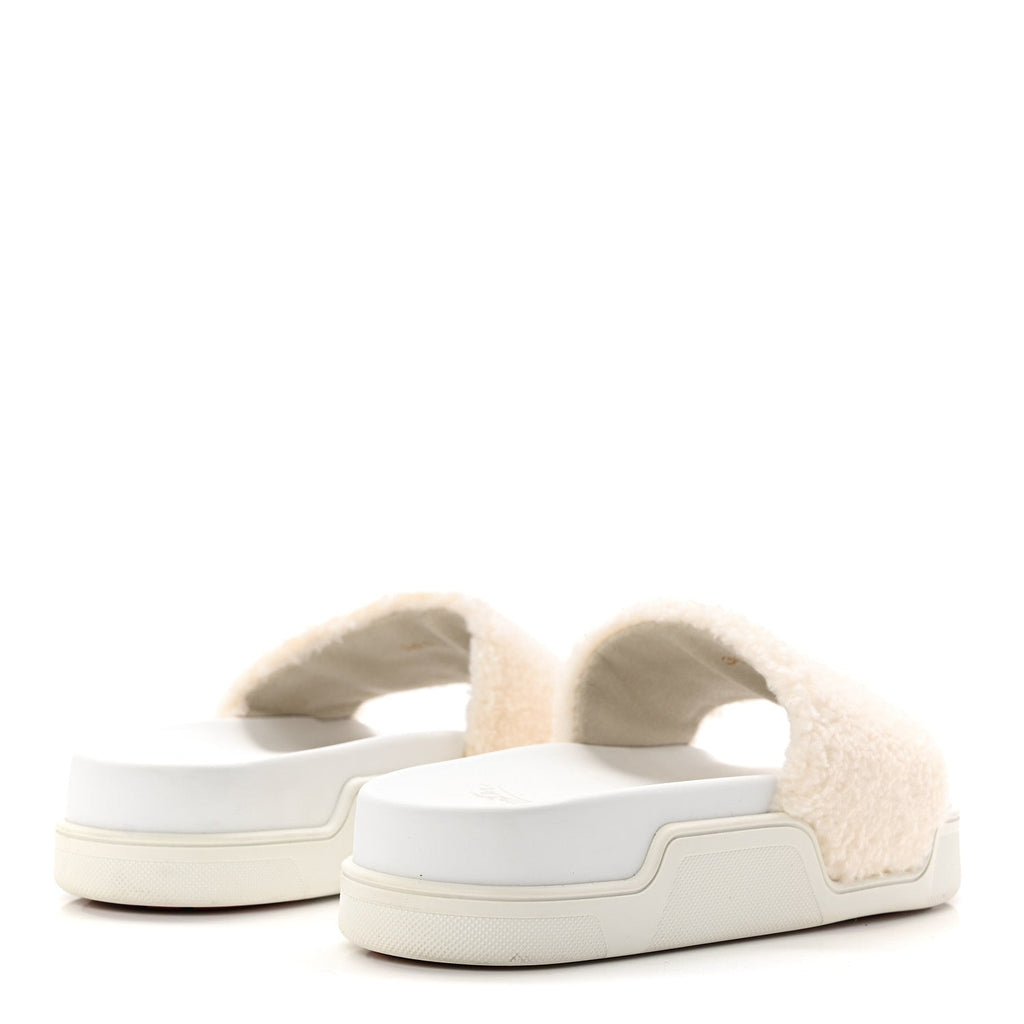 Faux Shearling Embroidered Pool Donna Flat Slide Sandals 36.5 White