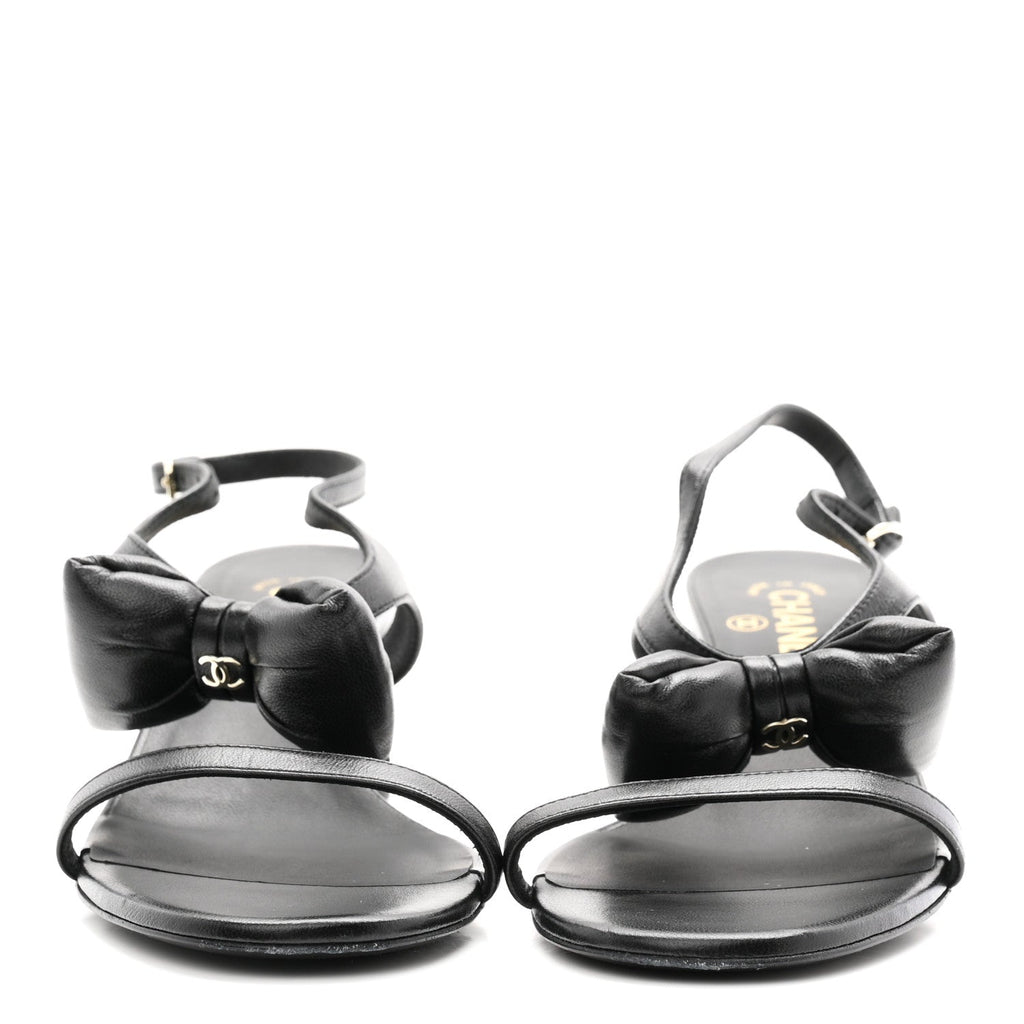 Lambskin CC Bow 55mm Sandals 38.5 Black