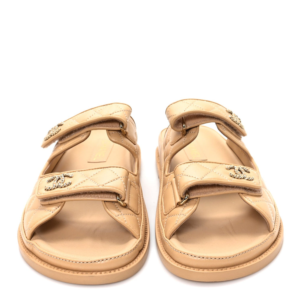 Lambskin Quilted Velcro Dad Chain CC Slide Sandals 40 Beige