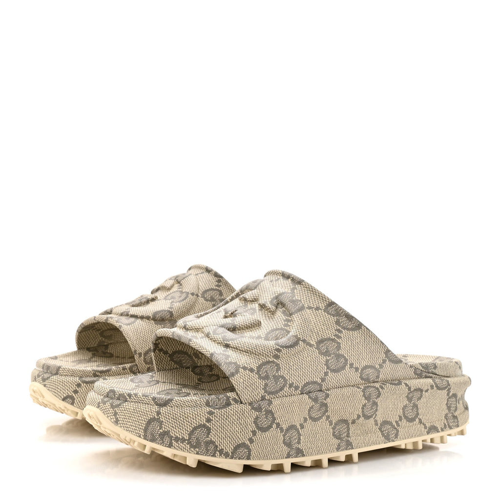 Cubic Rubber GG Monogram Mens Interlocking G Platform 42mm Slide Sandals 10 Beige Ebony