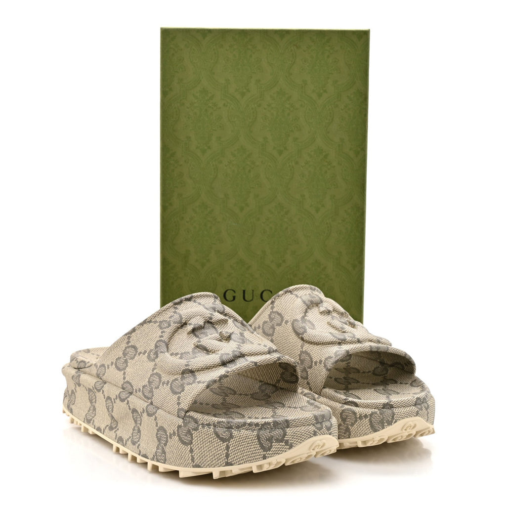 Cubic Rubber GG Monogram Mens Interlocking G Platform 42mm Slide Sandals 10 Beige Ebony