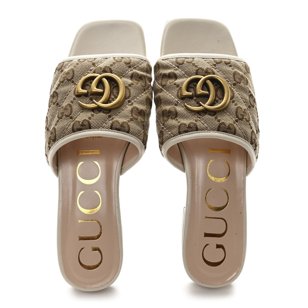 Monogram Matelasse Diagonal GG Marmont Flat Slide Sandals  35 Beige Ebony Mystic White