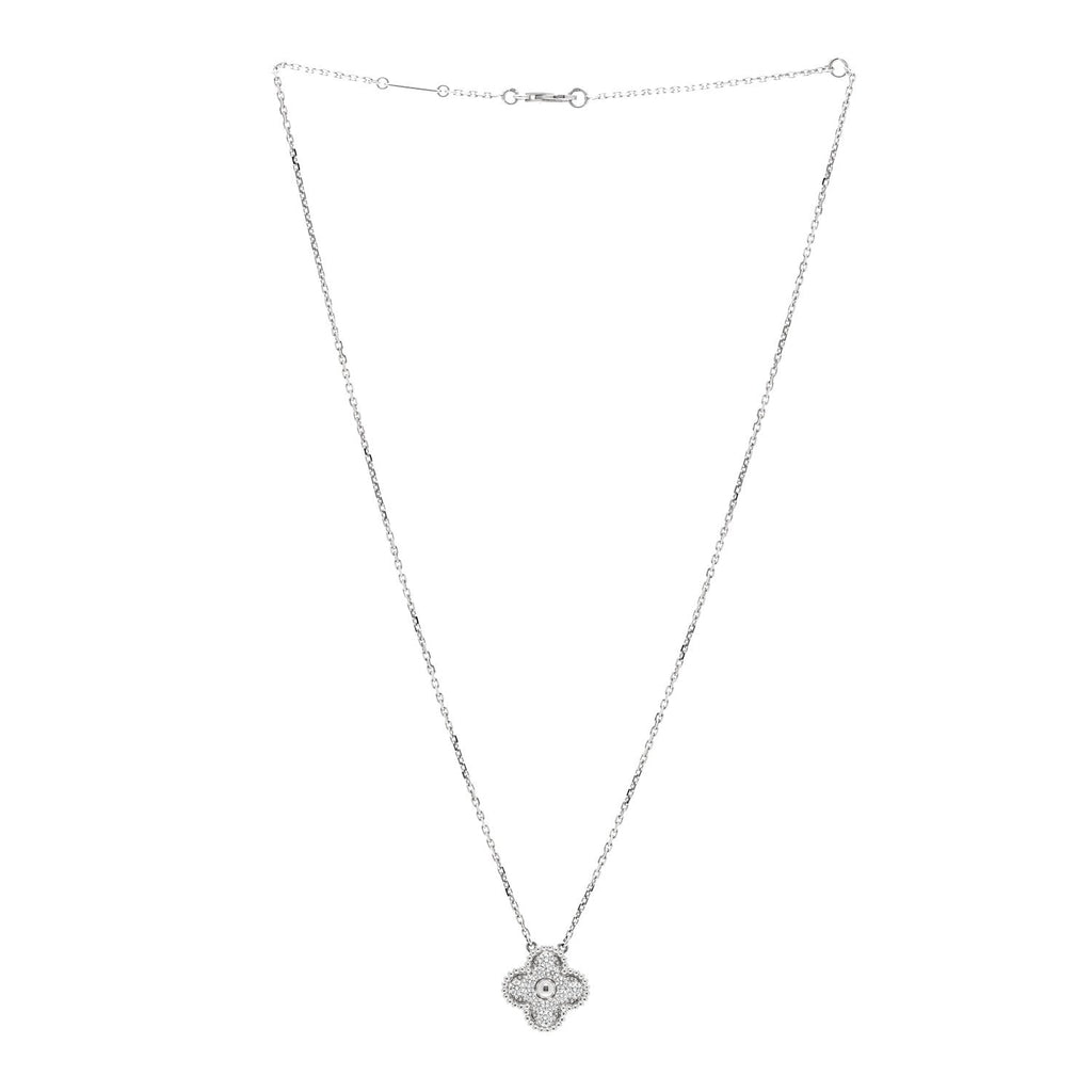 18K White Gold Diamond Vintage Alhambra Pendant Necklace
