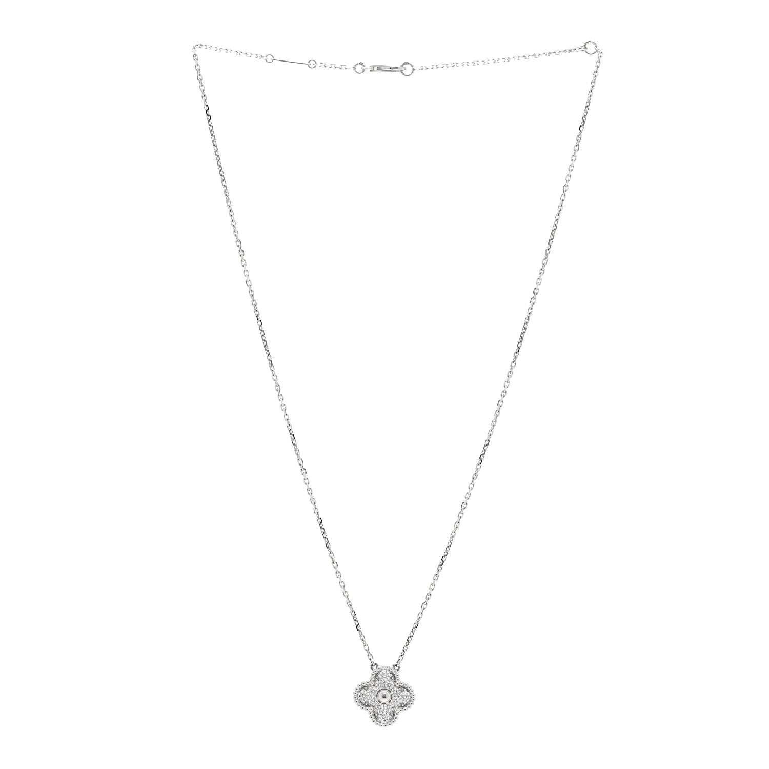 18K White Gold Diamond Vintage Alhambra Pendant Necklace