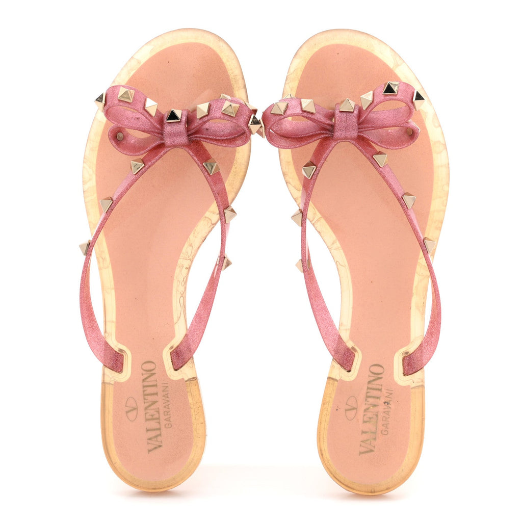 PVC Jelly Glitter Rockstud Bow Thong Sandals 39 Pink