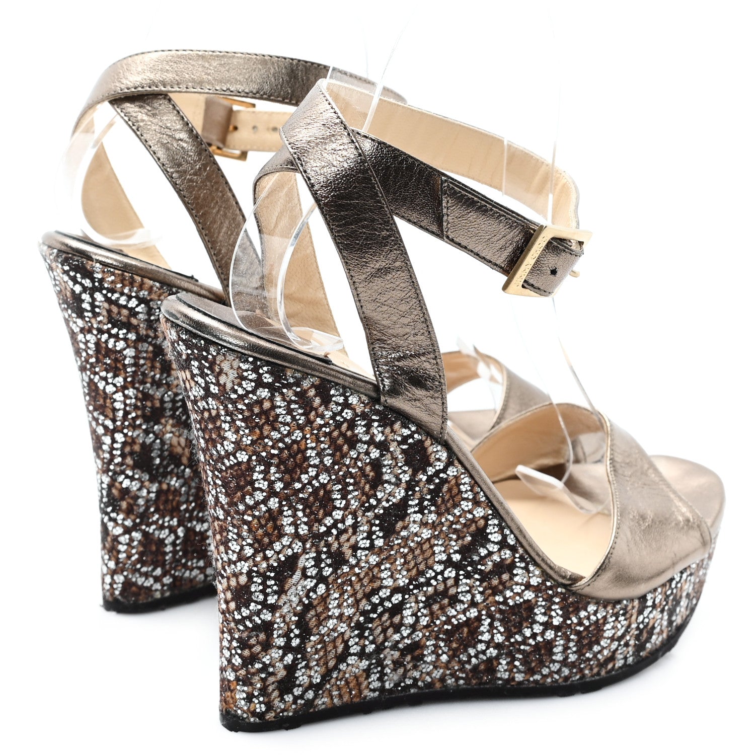 Glitter Fabric Metallic Calfskin 120 Wedge Sandals 38 Gold