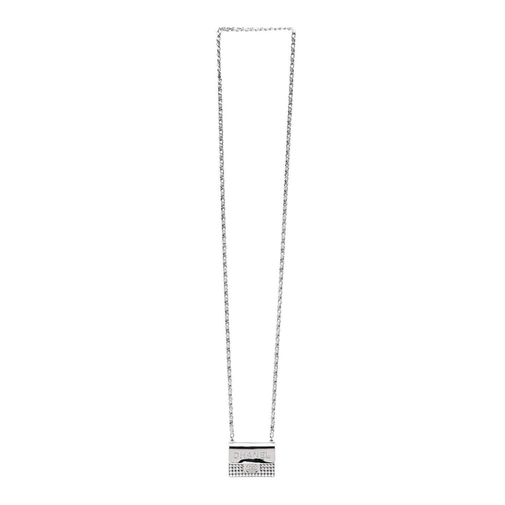 Metal Lambskin Strass Crystal Purse CC Long Necklace Silver