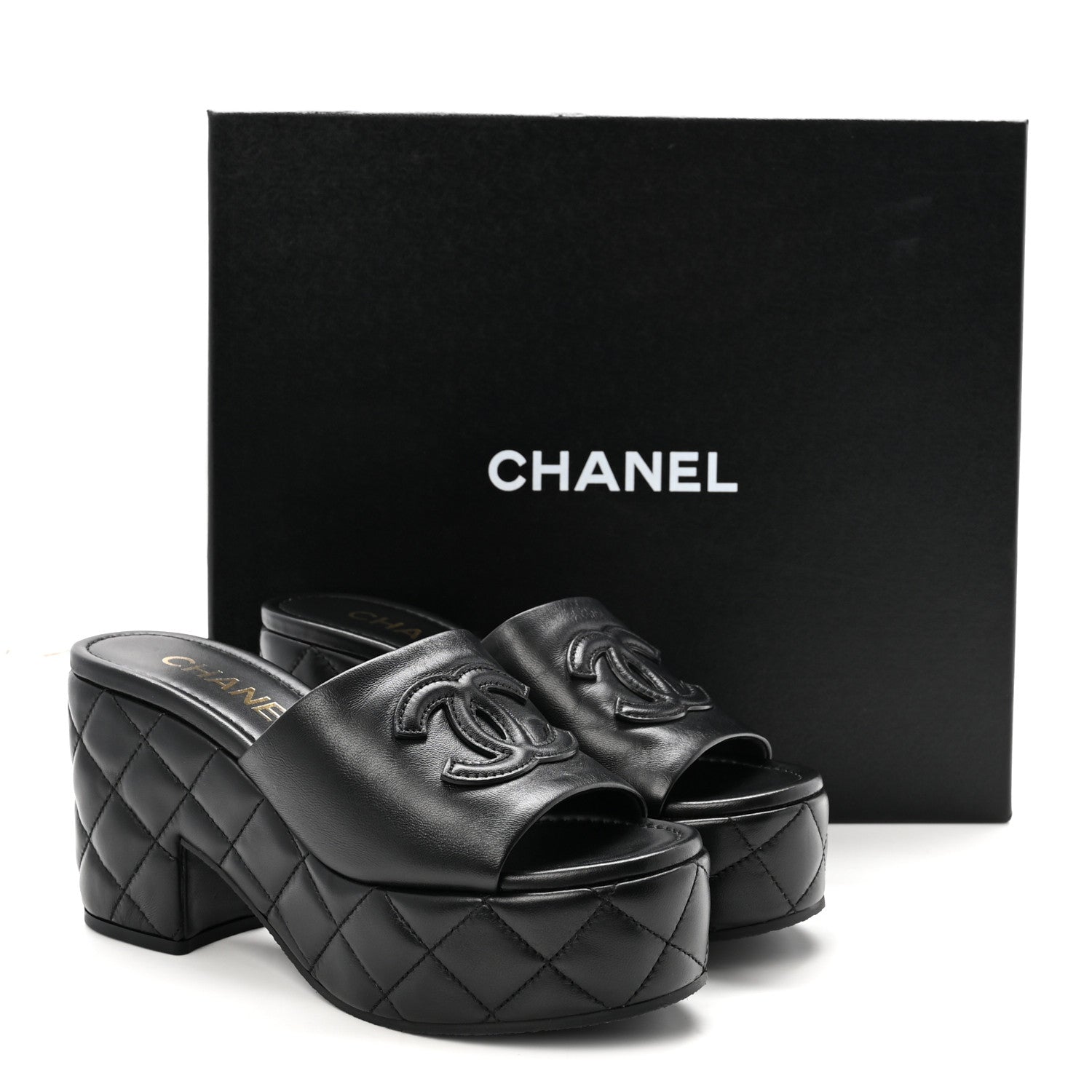 Lambskin Quilted CC Platform Mules 37.5 Black