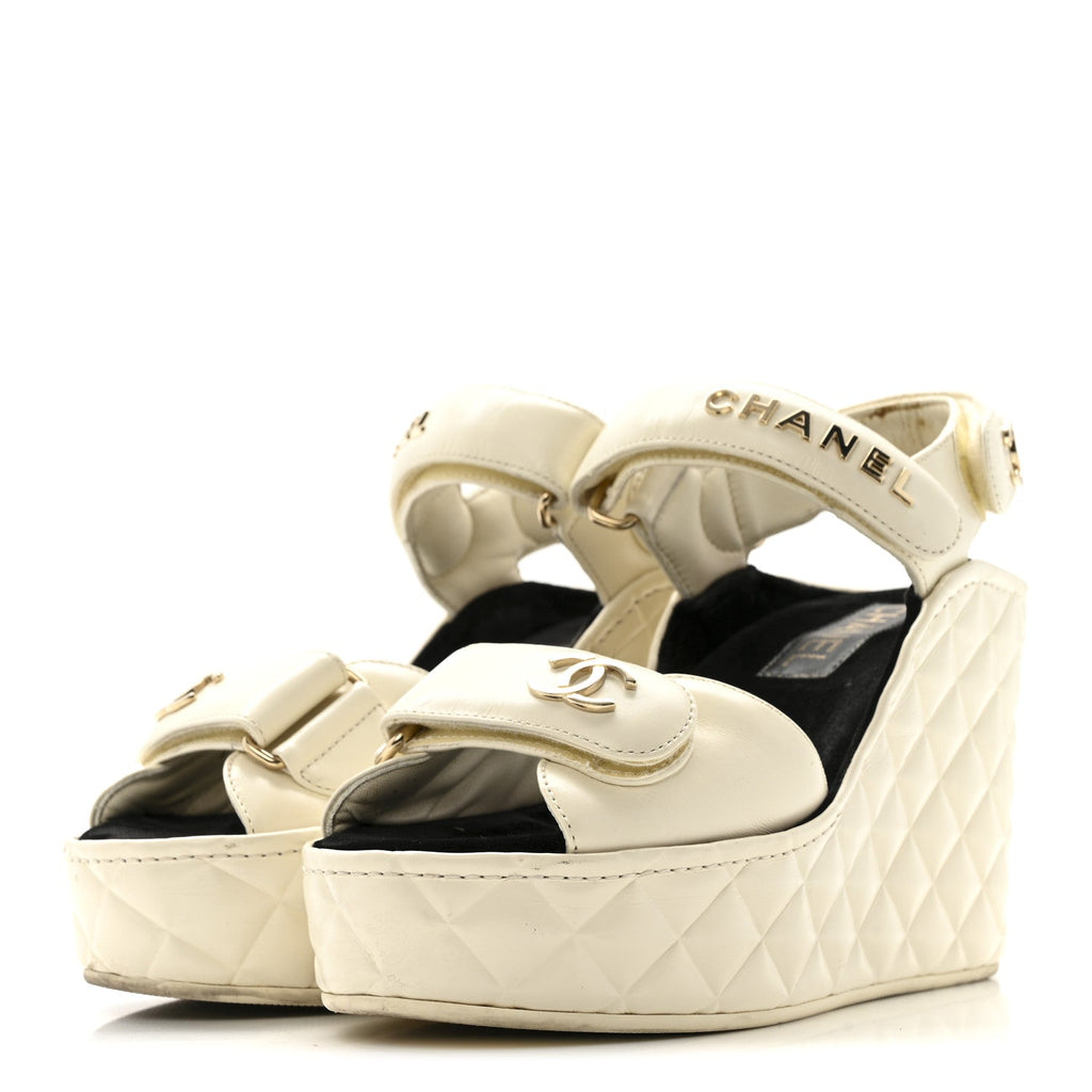 Shiny Calfskin Quilted Wedge Sandals 36 Ivory