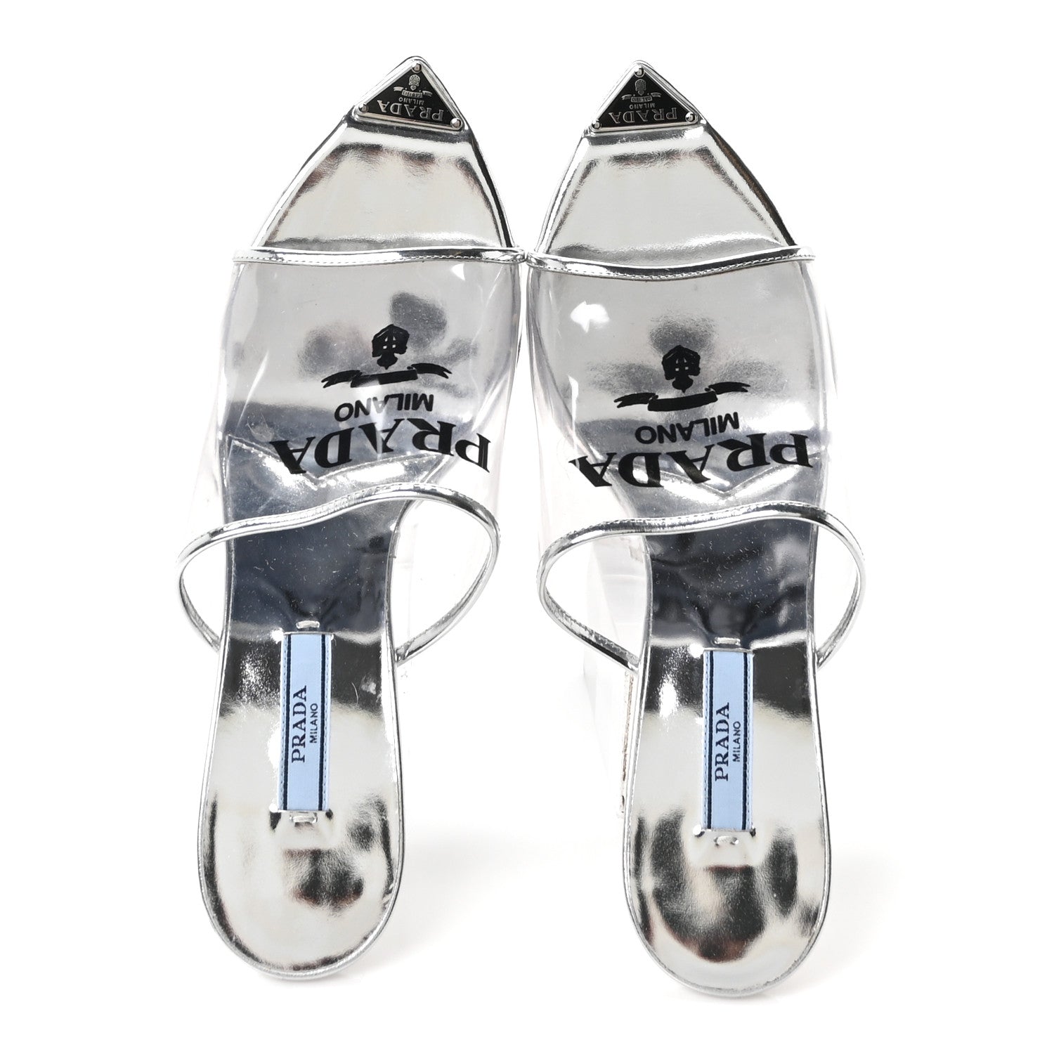 Plexiglass Metallic Calfskin Metal Triangle Logo 75mm Slide Sandals 38 Argento