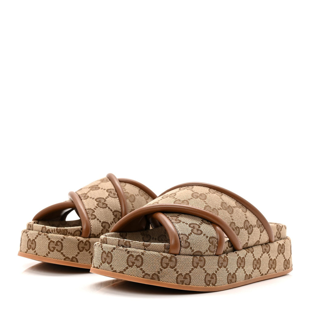 Monogram GG Calfskin Angelina Platform 55mm Slide Sandals 35 Camel Ebony