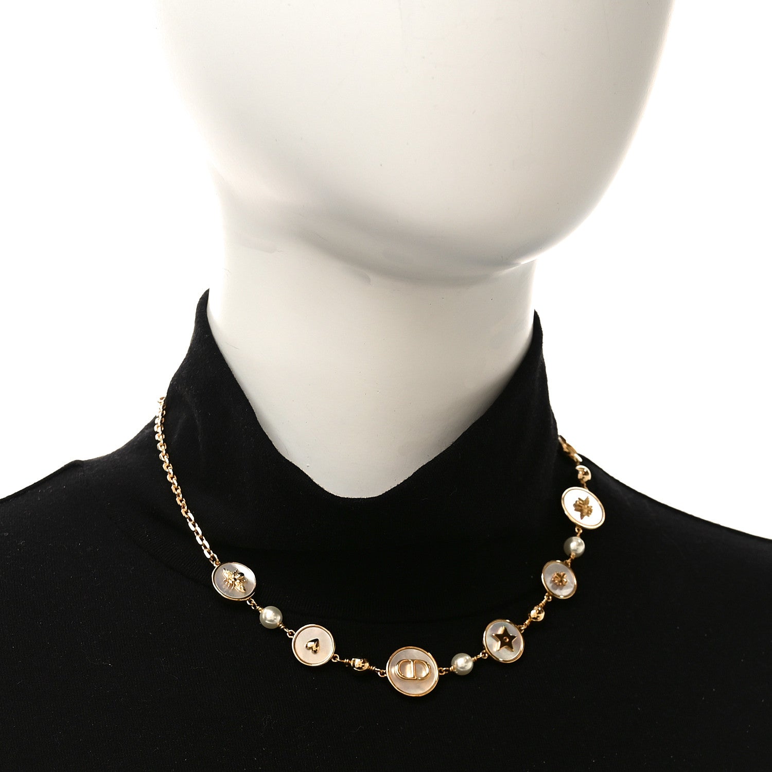 Metal Resin Pearl Mother of Pearl D-Luck Short Necklace Gold