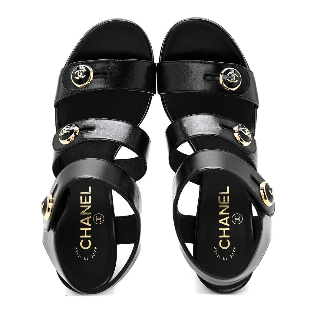Shiny Calfskin CC Sandals 38.5 Black