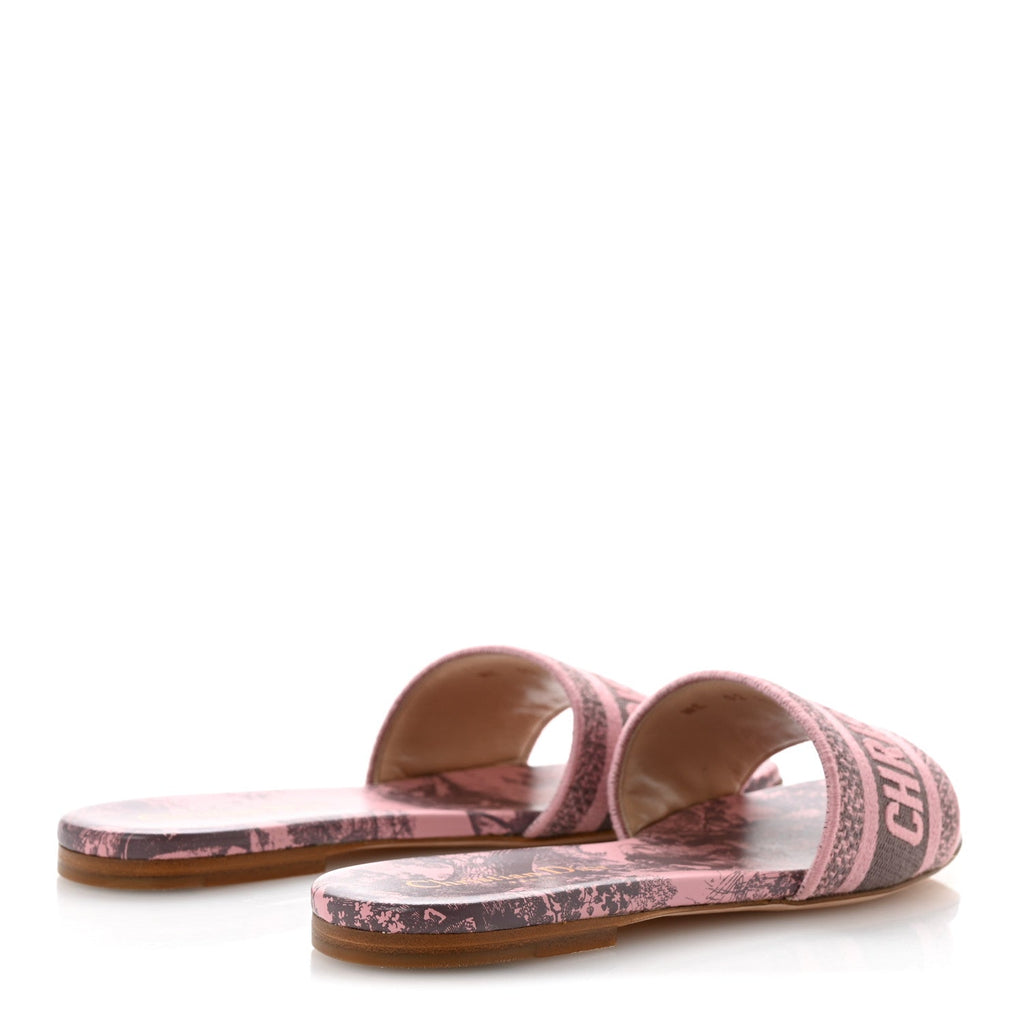 Canvas Toile De Jouy Embroidered Dway Flat Slide Sandals 37.5 Chateau Rose