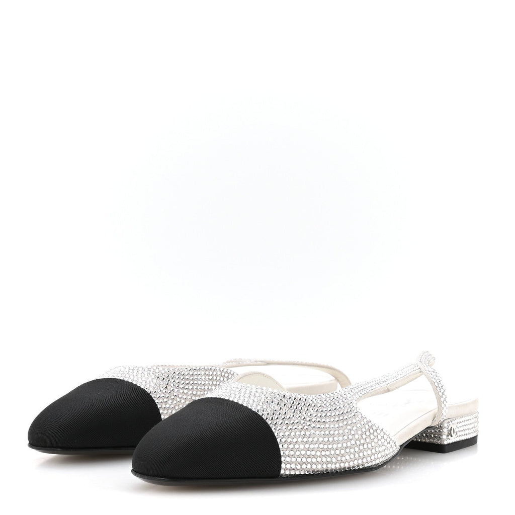 Strass Grosgrain Cap Toe CC Slingback Flats 36.5 Silver Black